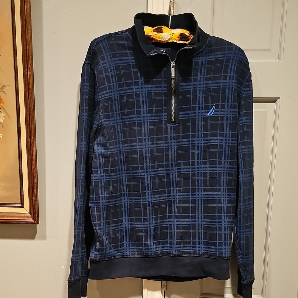Nautica Fleece Blue Quarter Zip Plaid Pullover Sweatshirt  Large Men Vintage